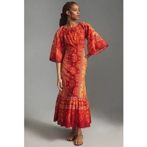 Farm Rio Printed Paisley Bohemian Cutout Tiered-Hem Dress SMALL Orange NWT